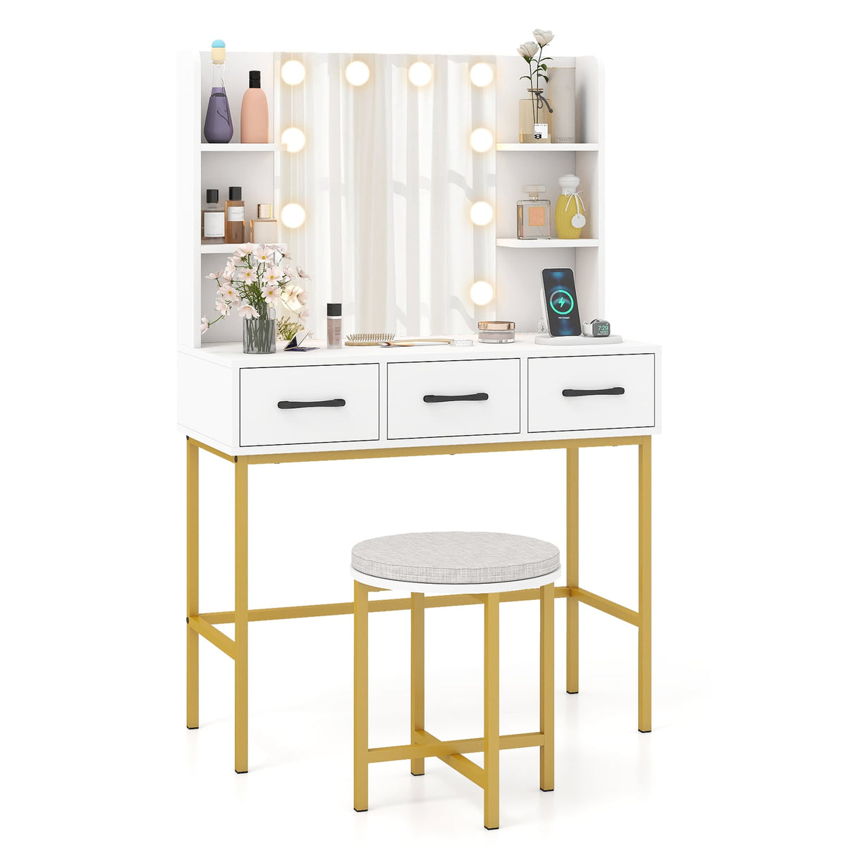 Vanity Desk with Mirror and Lights Makeup Dressing Table and Cushioned Stool Set-White-Makeup Vanities-DECOROLALA