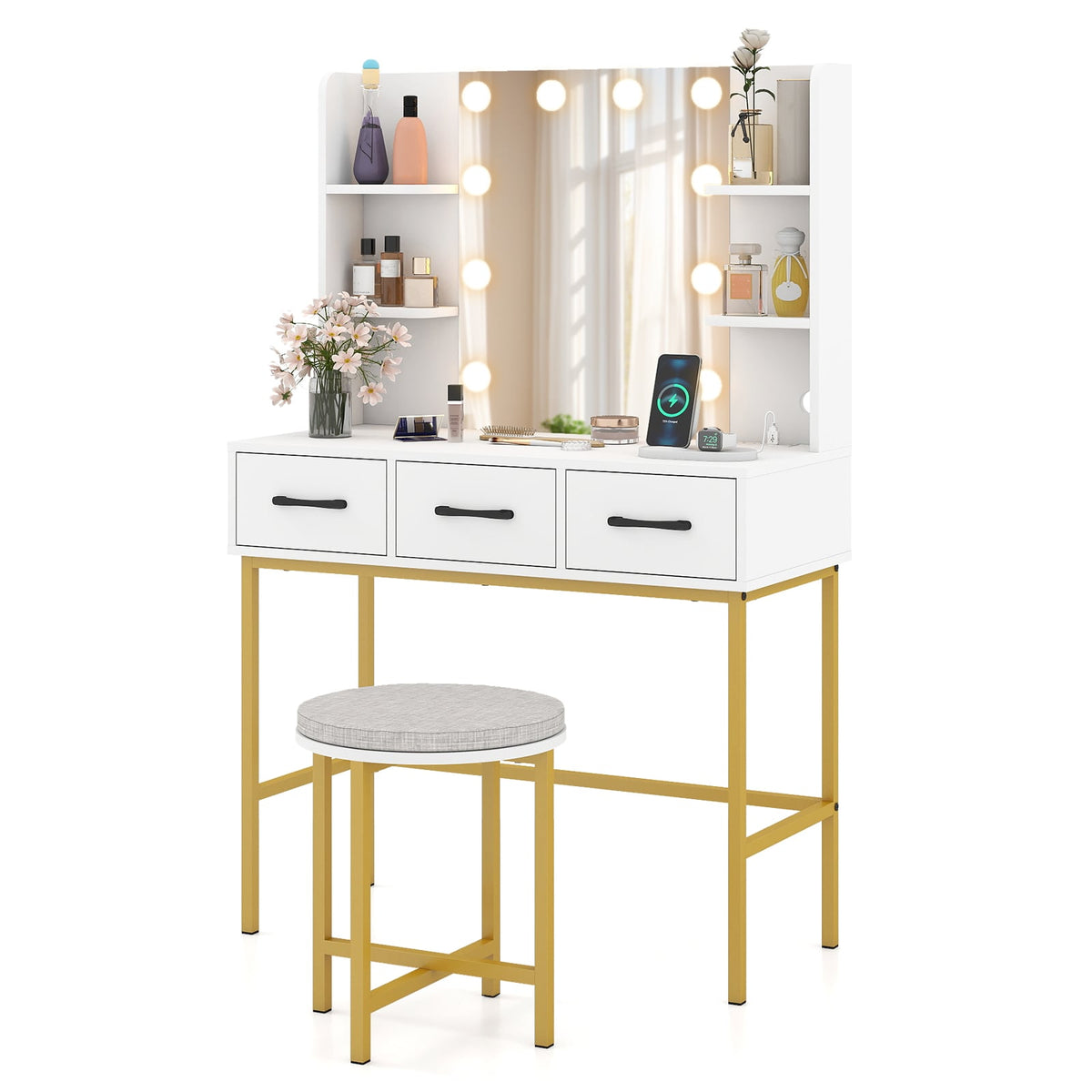 Vanity Desk with Mirror and Lights Makeup Dressing Table and Cushioned Stool Set-White-Makeup Vanities-DECOROLALA