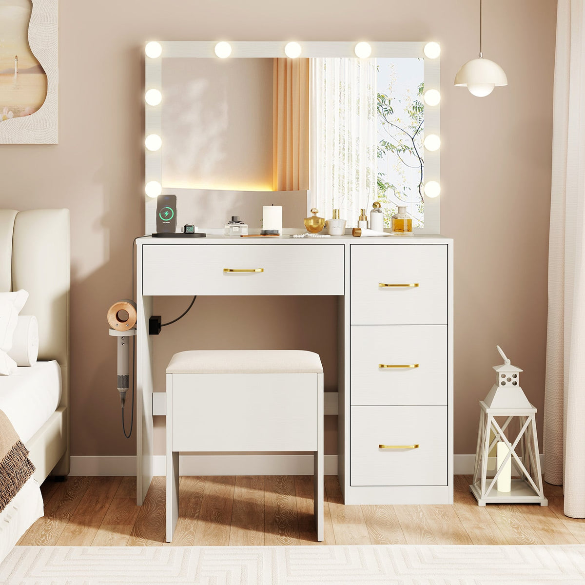 Vanity Desk with Mirror and Lights Makeup Dressing Table with Power Outlets-White-Makeup Vanities-DECOROLALA