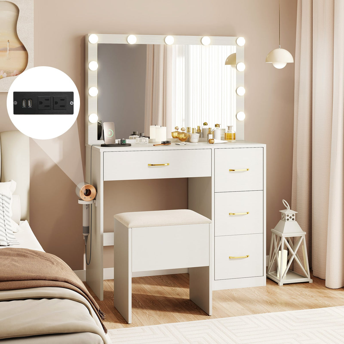 Vanity Desk with Mirror and Lights Makeup Dressing Table with Power Outlets-White-Makeup Vanities-DECOROLALA