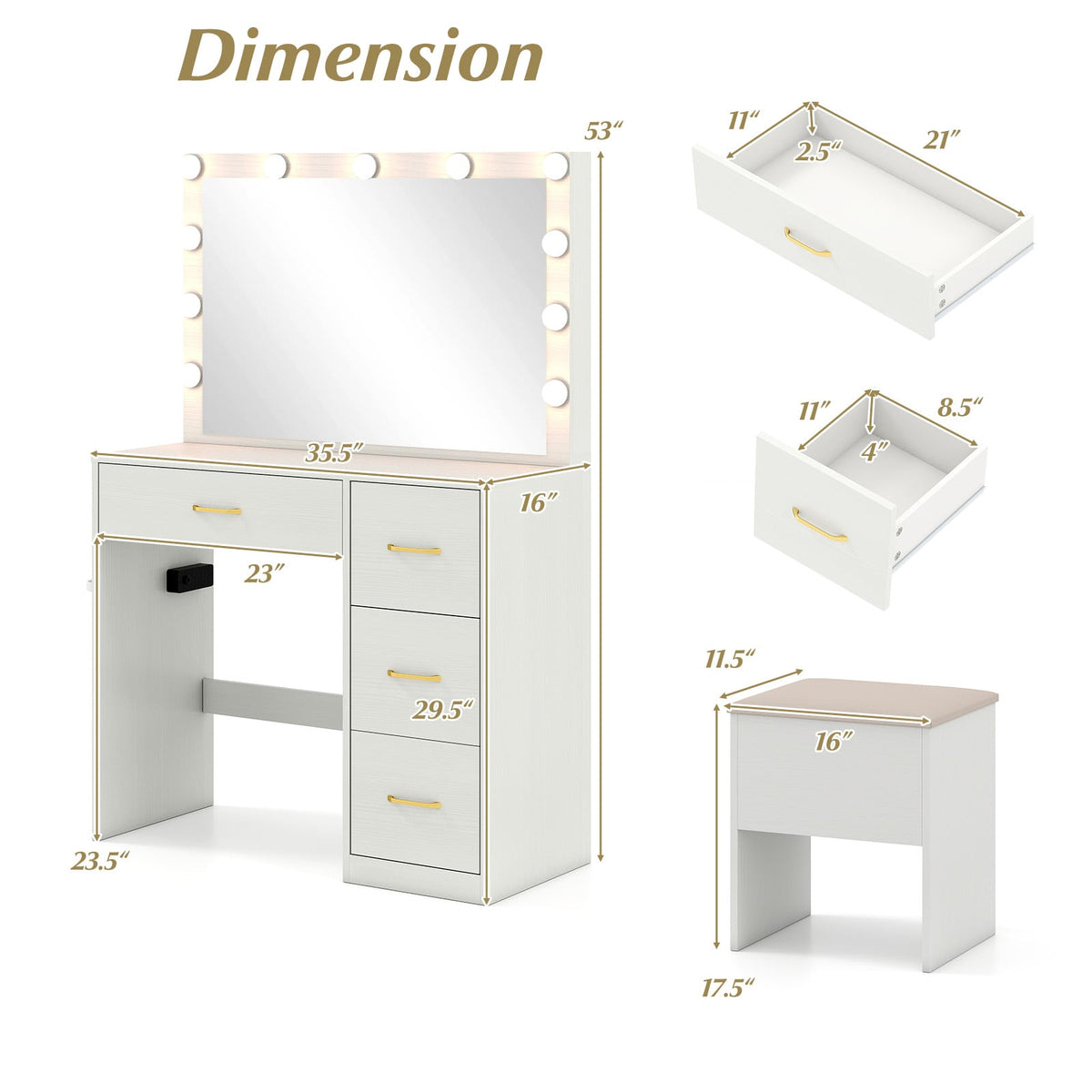 Vanity Desk with Mirror and Lights Makeup Dressing Table with Power Outlets-White-Makeup Vanities-DECOROLALA