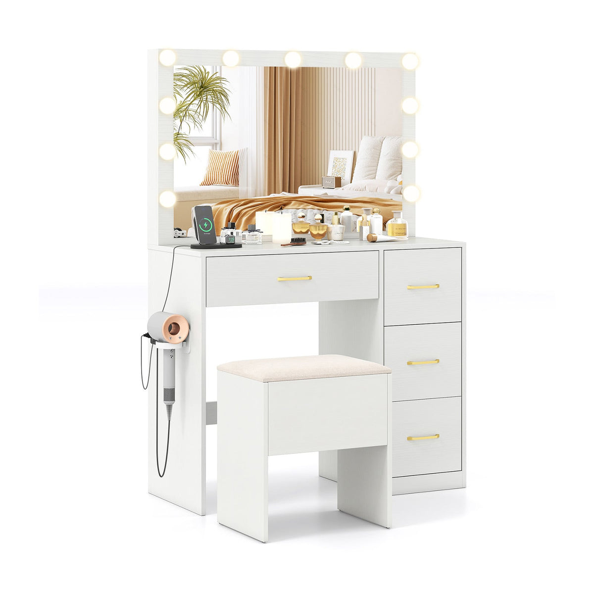 Vanity Desk with Mirror and Lights Makeup Dressing Table with Power Outlets-White-Makeup Vanities-DECOROLALA