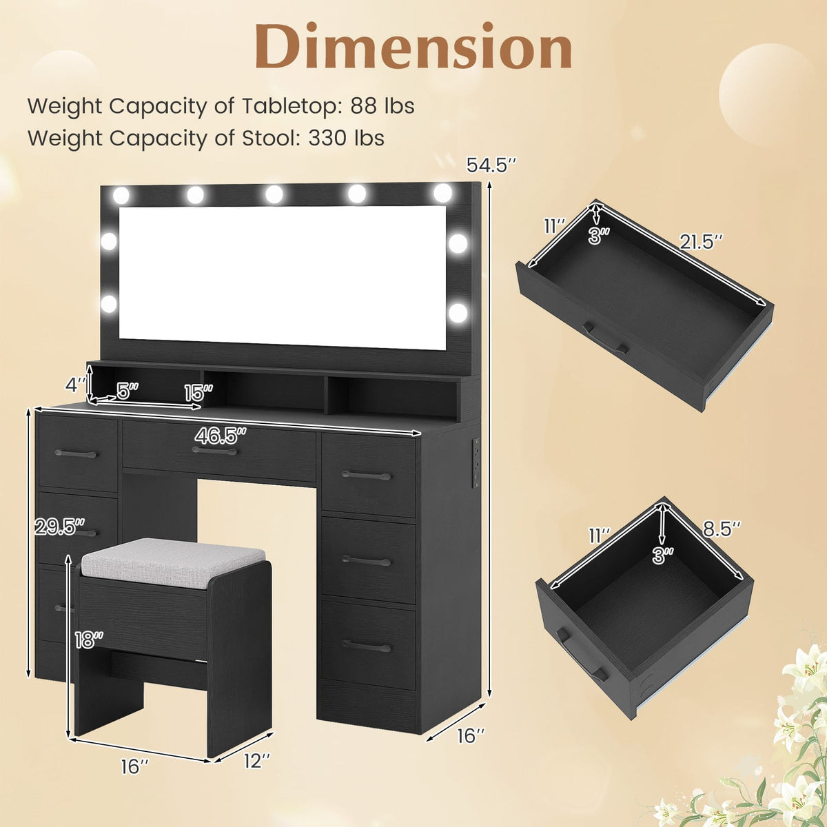 Vanity Desk with Mirror and Lights Makeup Table with Power Outlets-Black-Makeup Vanities-DECOROLALA