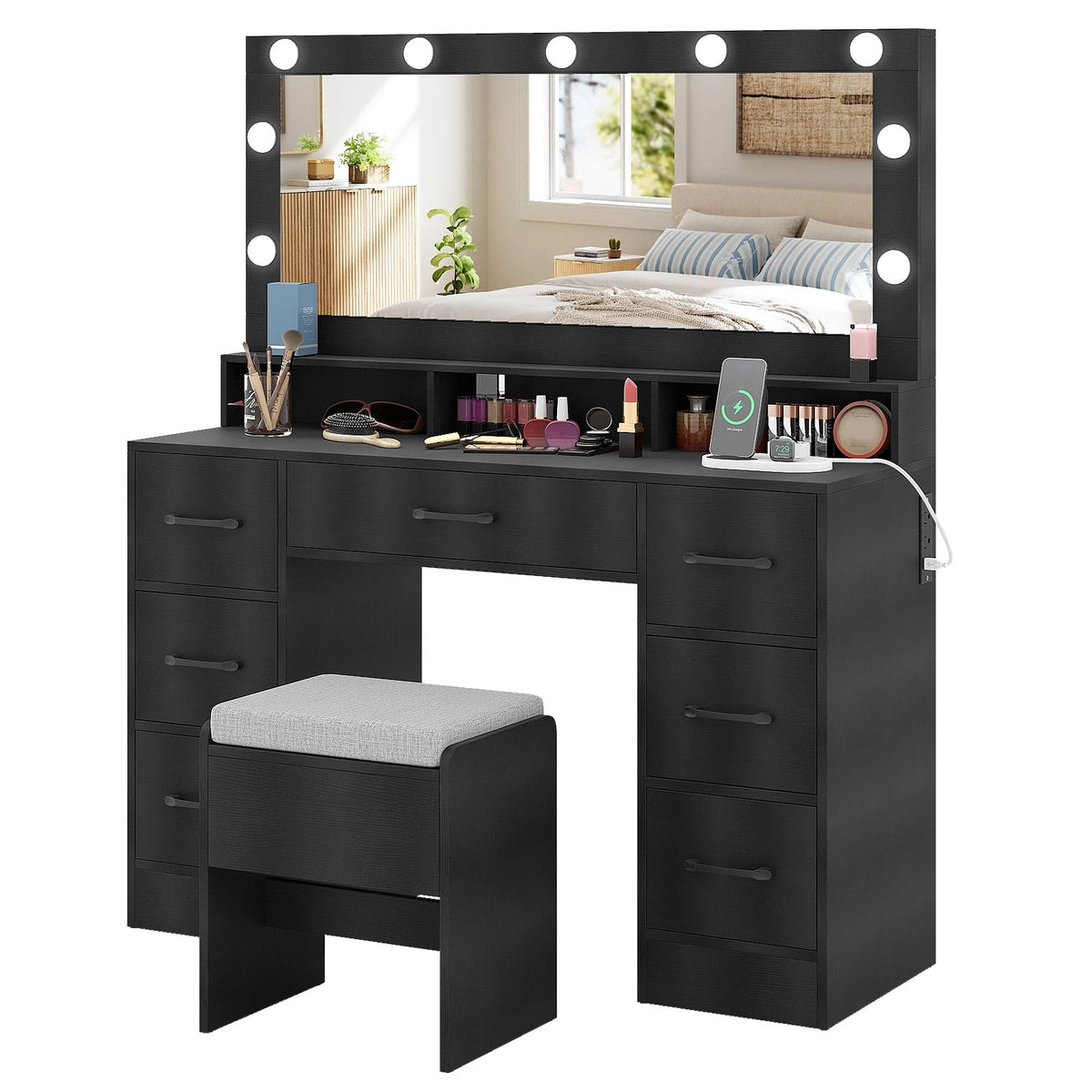 Vanity Desk with Mirror and Lights Makeup Table with Power Outlets-Black-Makeup Vanities-DECOROLALA