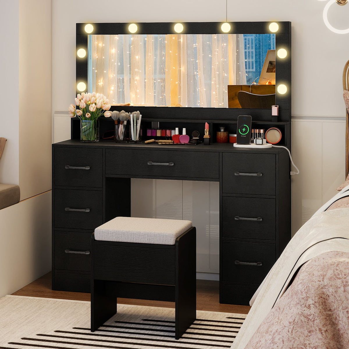 Vanity Desk with Mirror and Lights Makeup Table with Power Outlets-Black-Makeup Vanities-DECOROLALA