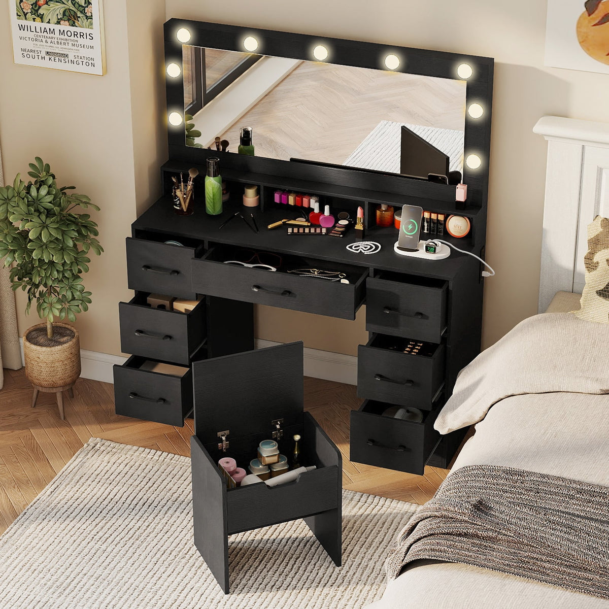 Vanity Desk with Mirror and Lights Makeup Table with Power Outlets-Black-Makeup Vanities-DECOROLALA