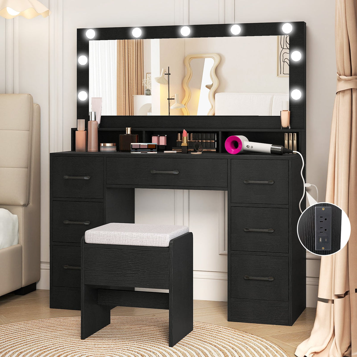 Vanity Desk with Mirror and Lights Makeup Table with Power Outlets-Black-Makeup Vanities-DECOROLALA