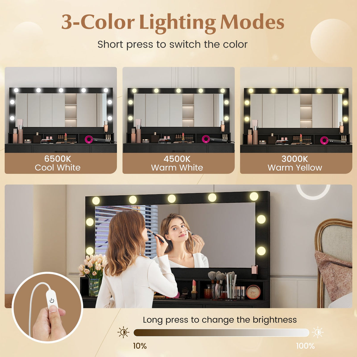 Vanity Desk with Mirror and Lights Makeup Table with Power Outlets-Black-Makeup Vanities-DECOROLALA