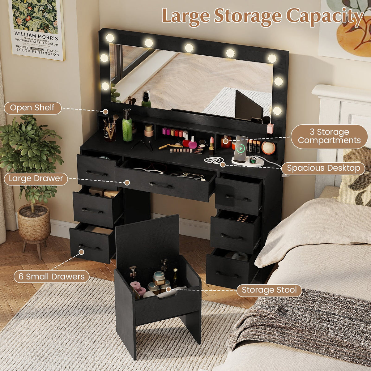 Vanity Desk with Mirror and Lights Makeup Table with Power Outlets-Black-Makeup Vanities-DECOROLALA