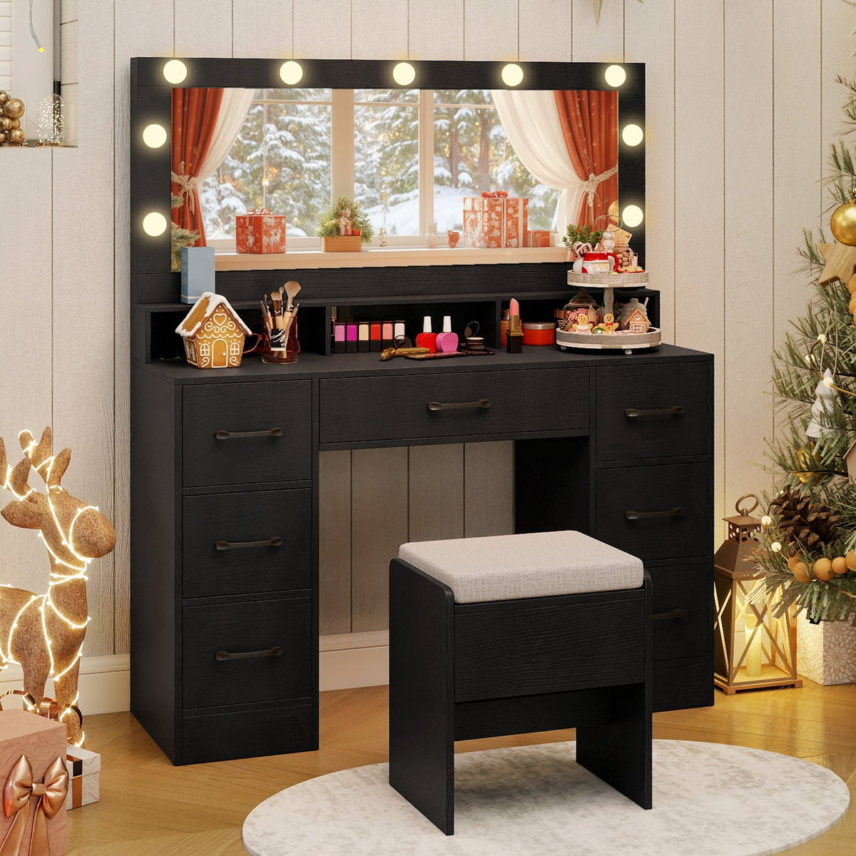 Vanity Desk with Mirror and Lights Makeup Table with Power Outlets-Black-Makeup Vanities-DECOROLALA