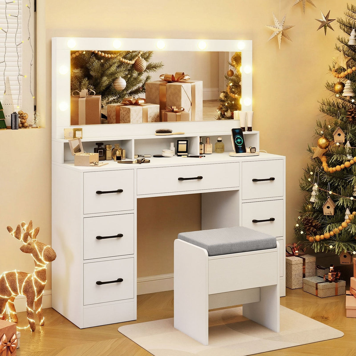 Vanity Desk with Mirror and Lights Makeup Table with Power Outlets-White-Makeup Vanities-DECOROLALA