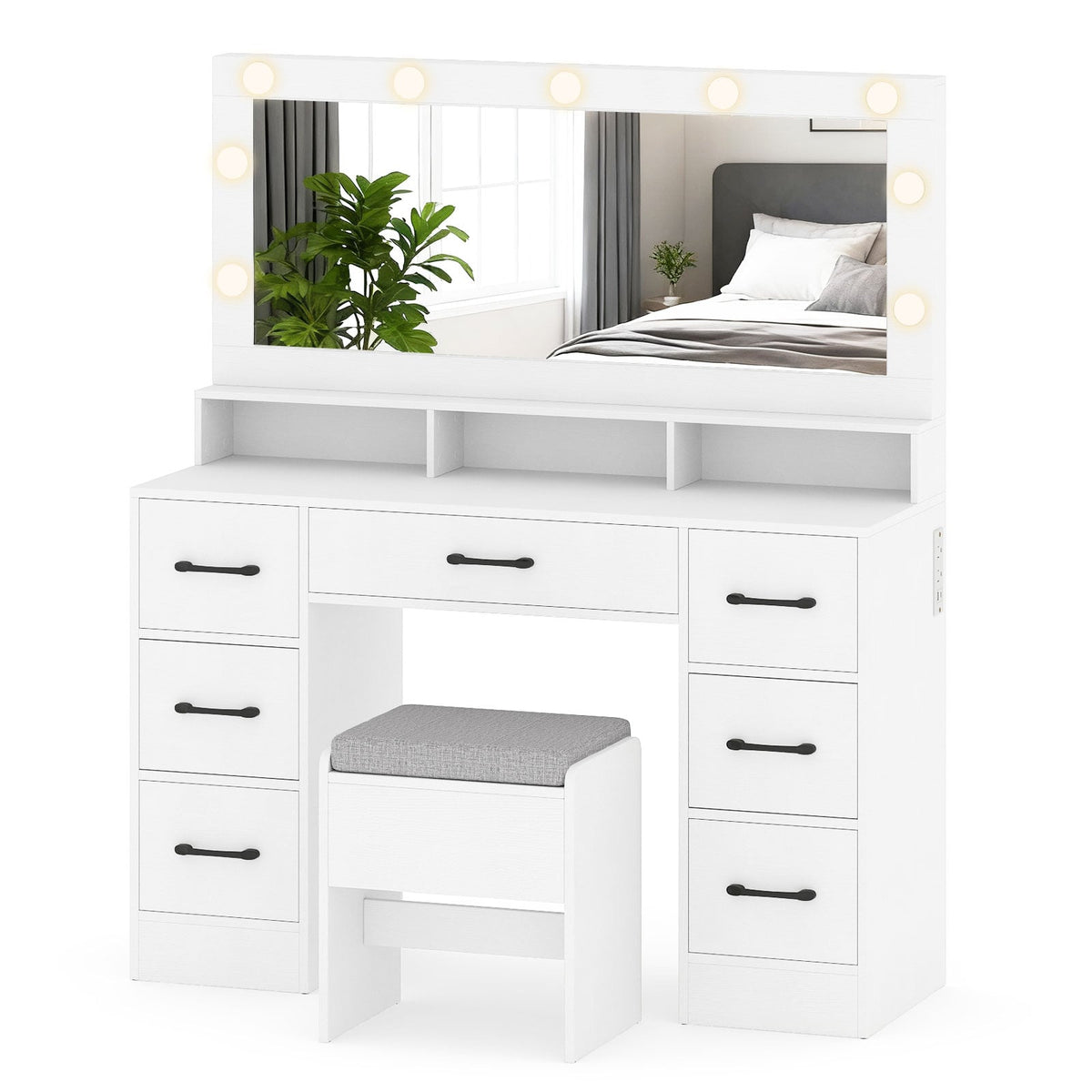 Vanity Desk with Mirror and Lights Makeup Table with Power Outlets-White-Makeup Vanities-DECOROLALA