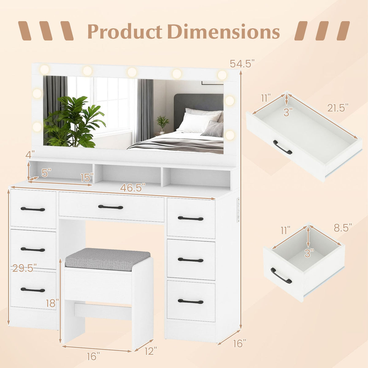 Vanity Desk with Mirror and Lights Makeup Table with Power Outlets-White-Makeup Vanities-DECOROLALA