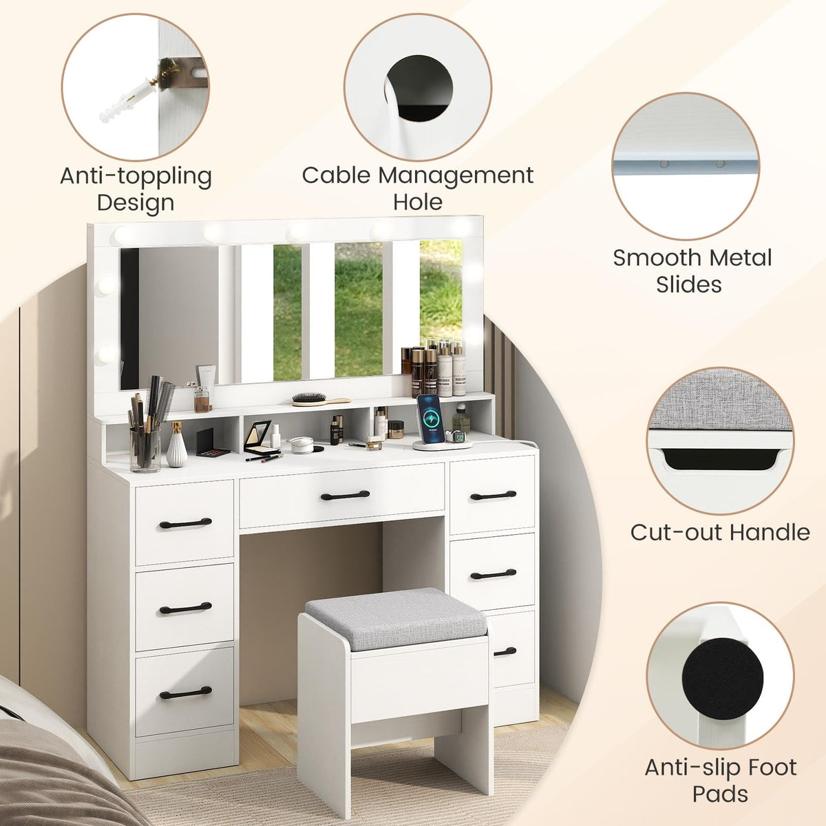 Vanity Desk with Mirror and Lights Makeup Table with Power Outlets-White-Makeup Vanities-DECOROLALA