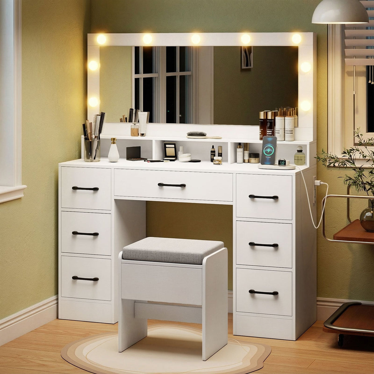 Vanity Desk with Mirror and Lights Makeup Table with Power Outlets-White-Makeup Vanities-DECOROLALA