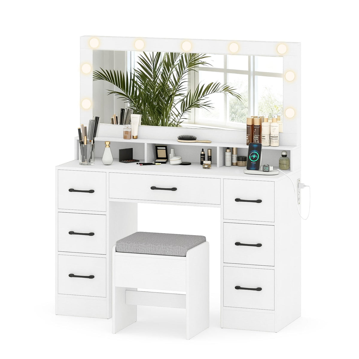 Vanity Desk with Mirror and Lights Makeup Table with Power Outlets-White-Makeup Vanities-DECOROLALA