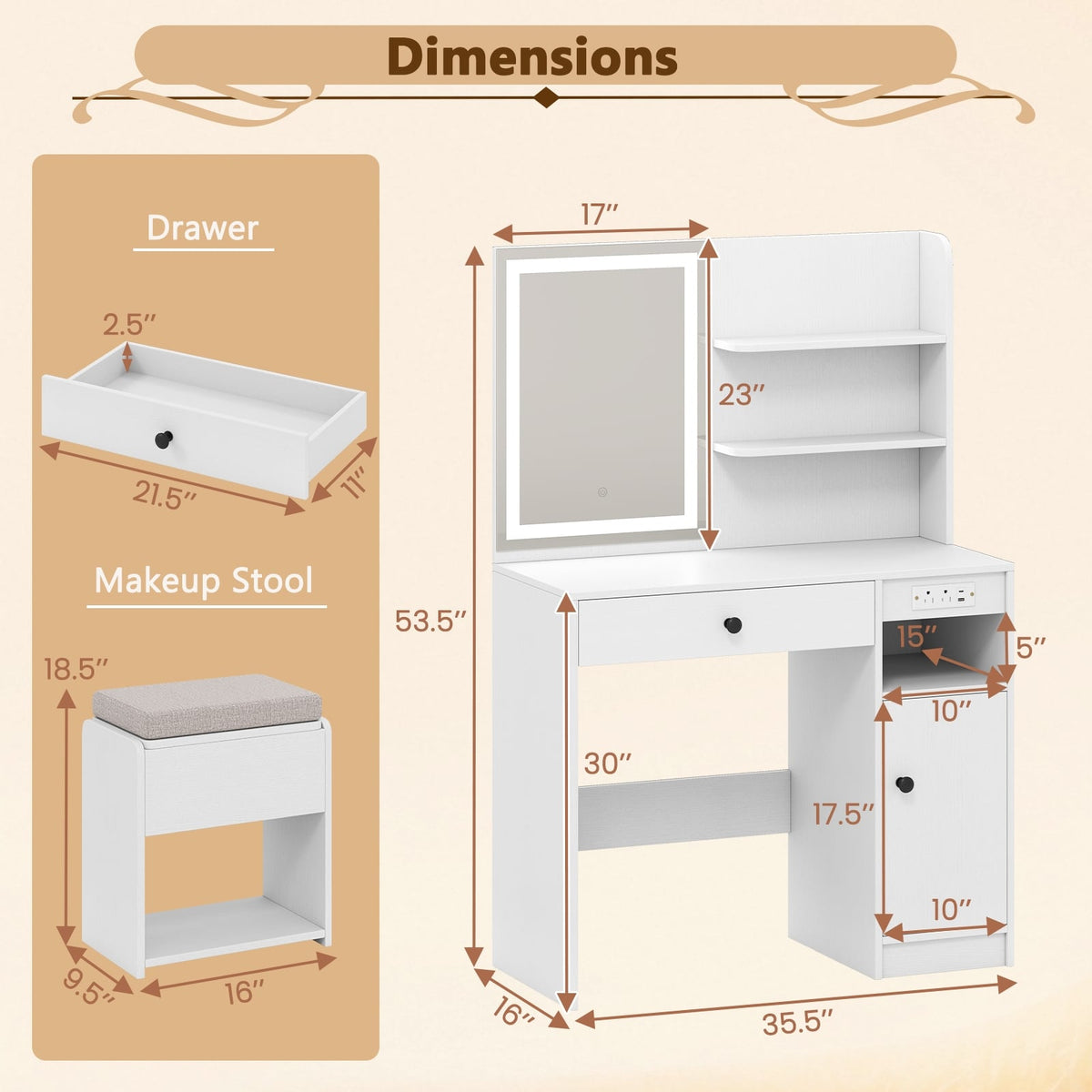 Vanity Desk with Mirror and Lights-White-Makeup Vanities-DECOROLALA