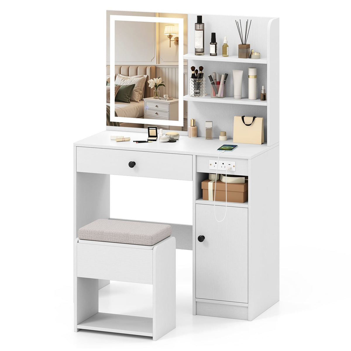 Vanity Desk with Mirror and Lights-White-Makeup Vanities-DECOROLALA