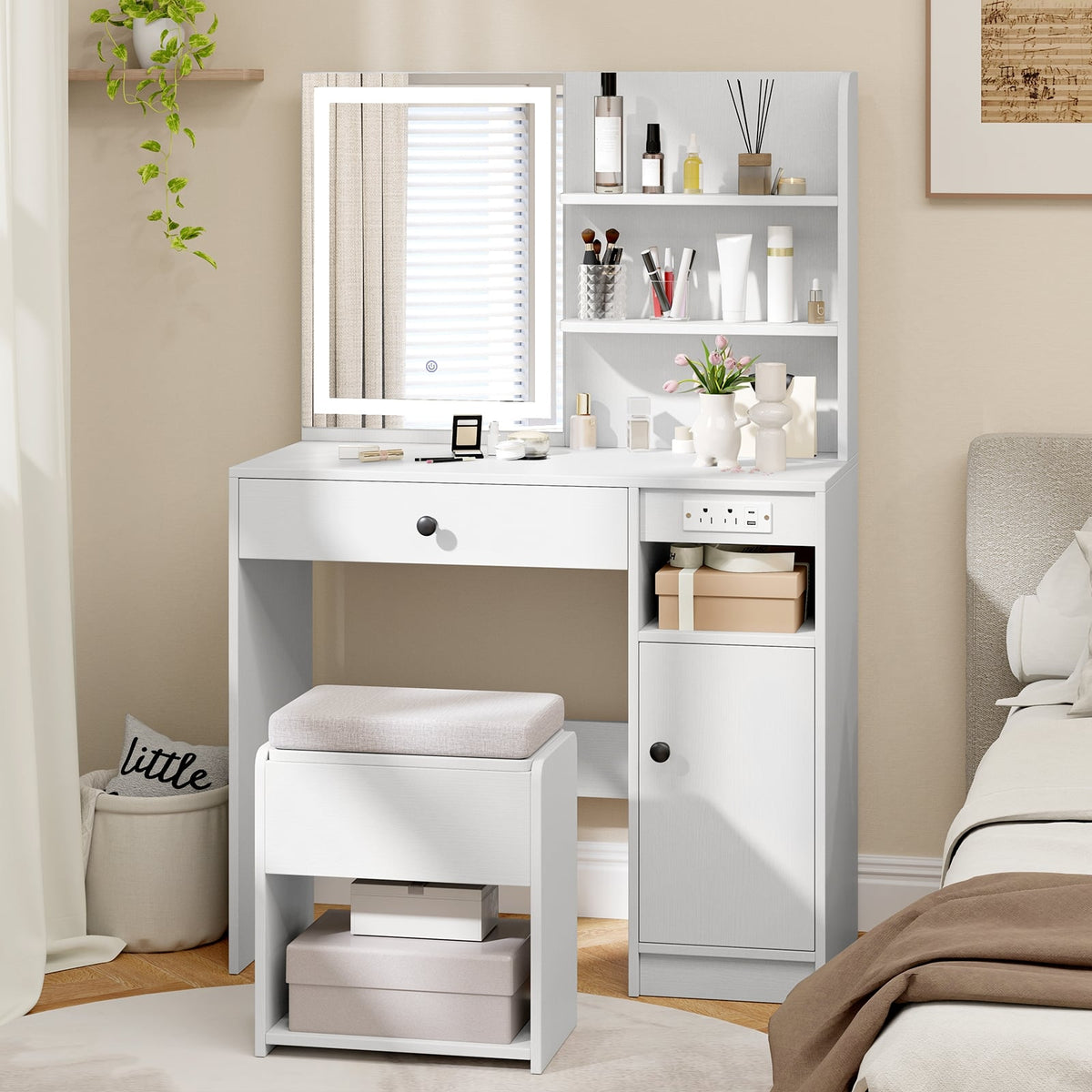 Vanity Desk with Mirror and Lights-White-Makeup Vanities-DECOROLALA