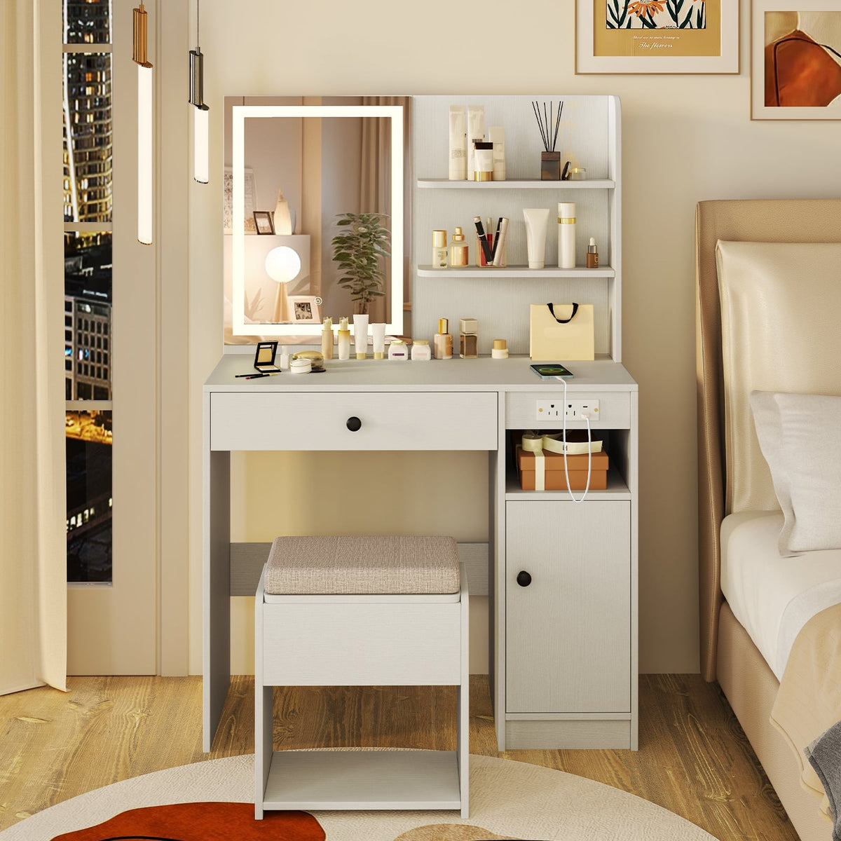 Vanity Desk with Mirror and Lights-White-Makeup Vanities-DECOROLALA