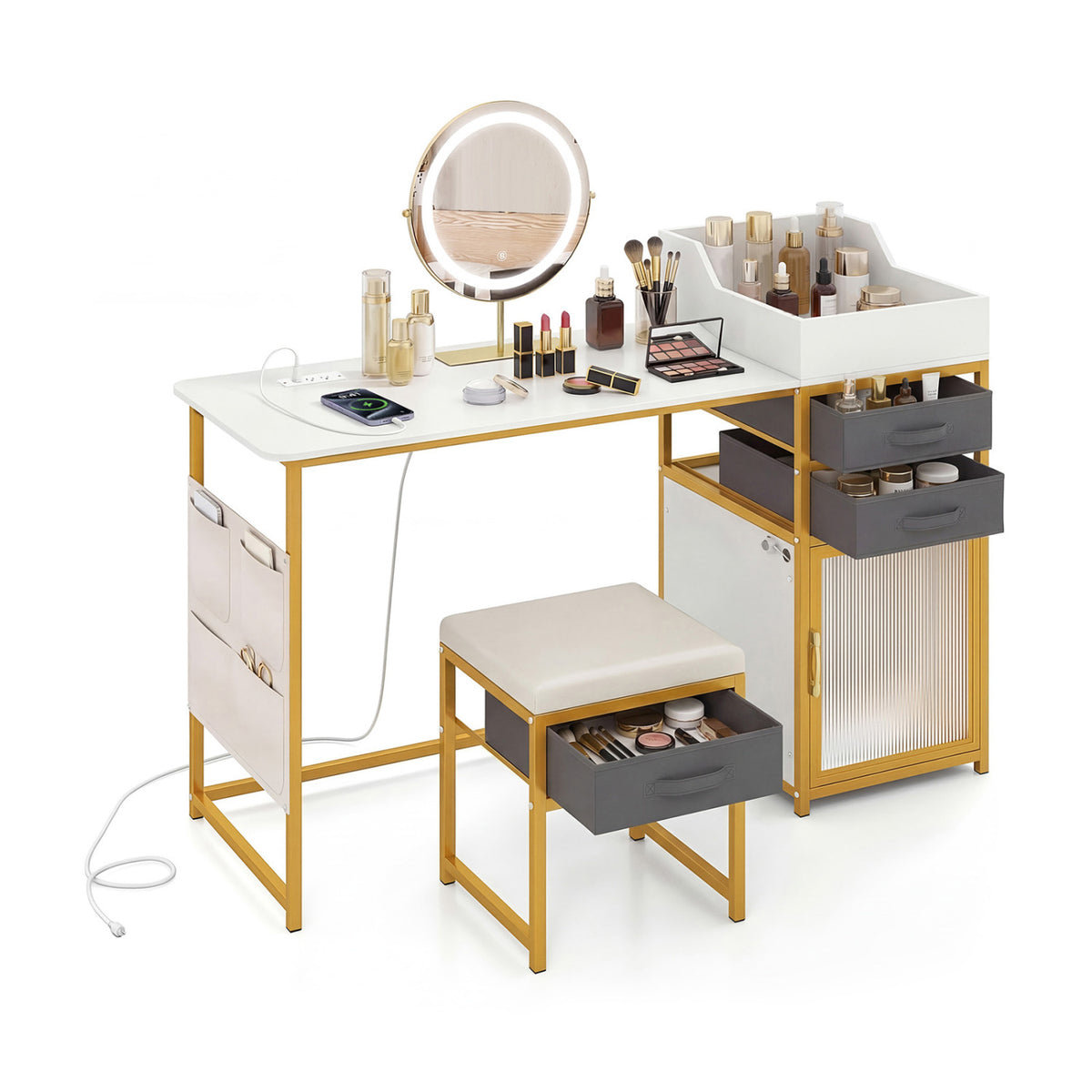 Vanity Desk with Rotatable Lighted Mirror 55 Inch Makeup Vanity Table-White-Makeup Vanities-DECOROLALA