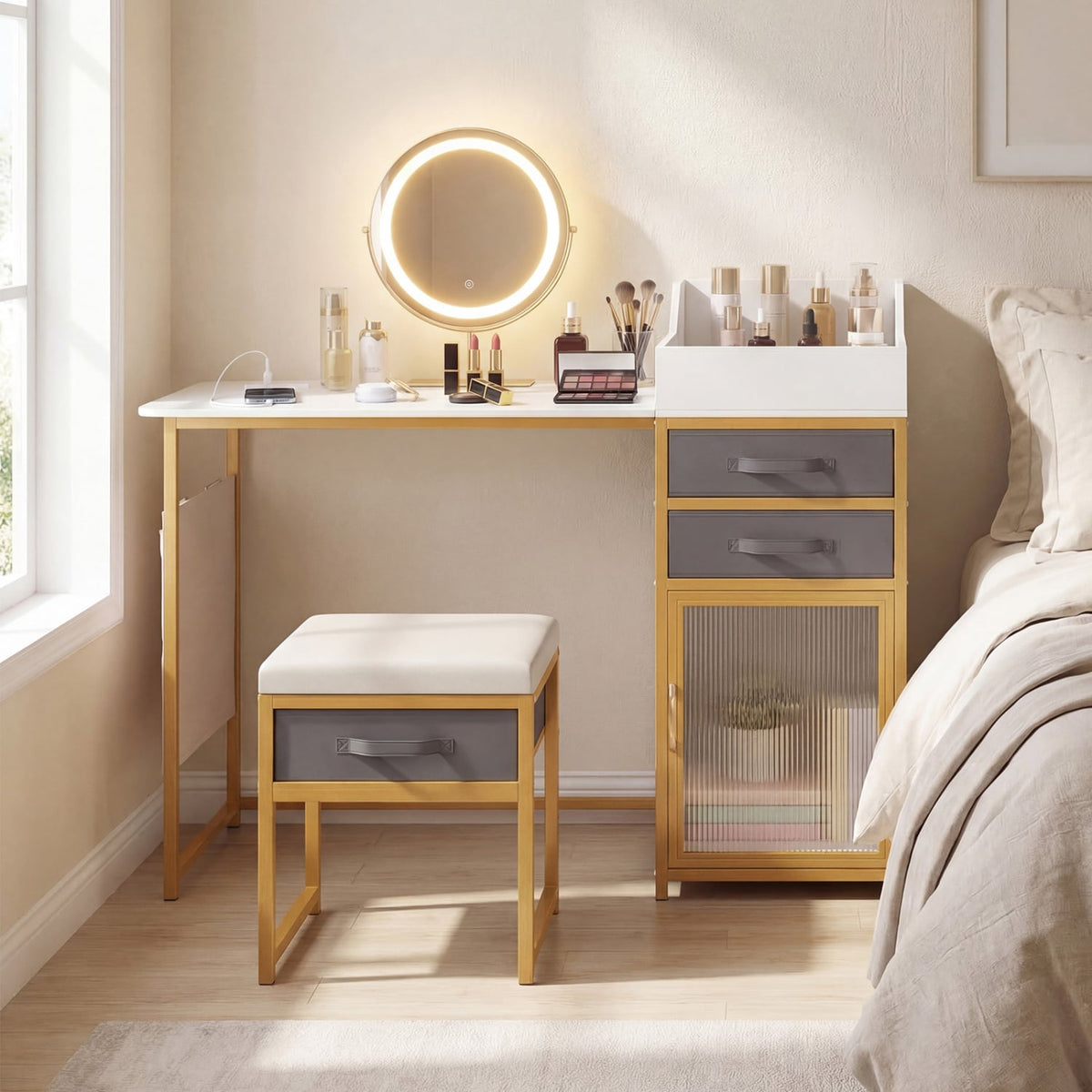 Vanity Desk with Rotatable Lighted Mirror 55 Inch Makeup Vanity Table-White-Makeup Vanities-DECOROLALA