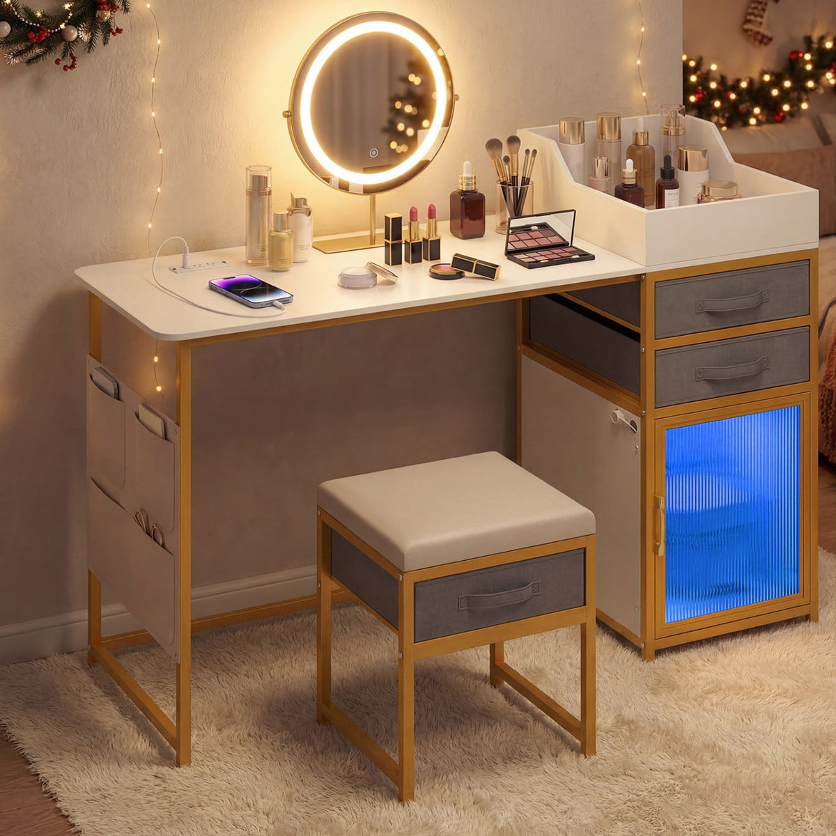 Vanity Desk with Rotatable Lighted Mirror 55 Inch Makeup Vanity Table-White-Makeup Vanities-DECOROLALA