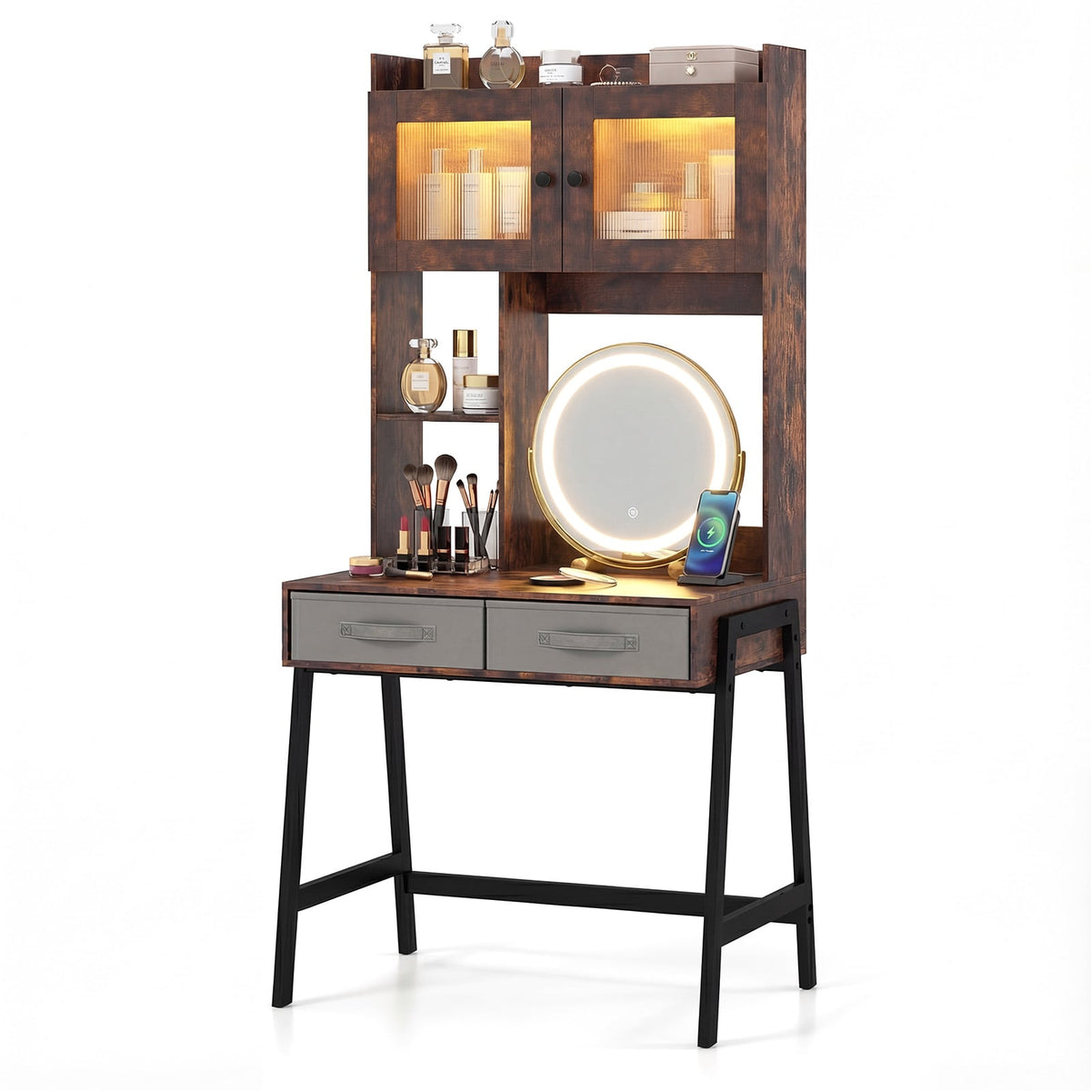 Vanity Desk with Rotatable Mirror and Lights Modern Dressing Table with 3 Light Colors-Brown-Makeup Vanities-DECOROLALA