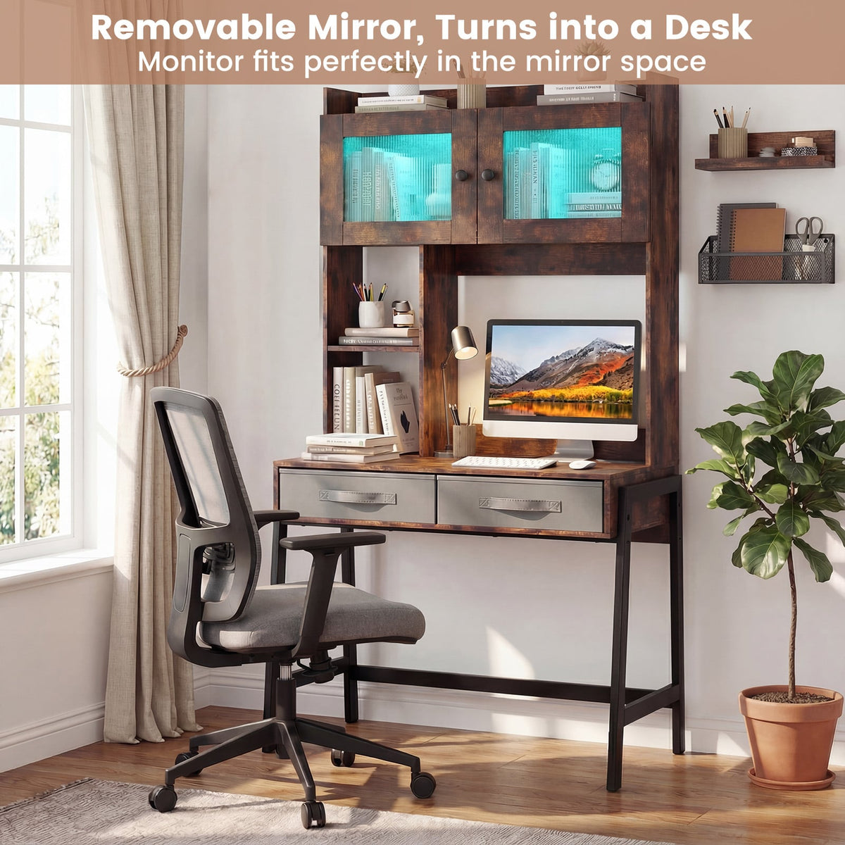 Vanity Desk with Rotatable Mirror and Lights Modern Dressing Table with 3 Light Colors-Brown-Makeup Vanities-DECOROLALA