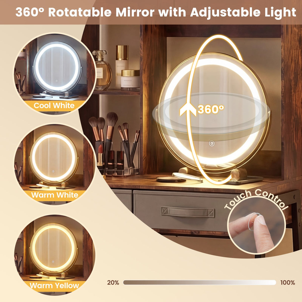 Vanity Desk with Rotatable Mirror and Lights Modern Dressing Table with 3 Light Colors-Brown-Makeup Vanities-DECOROLALA