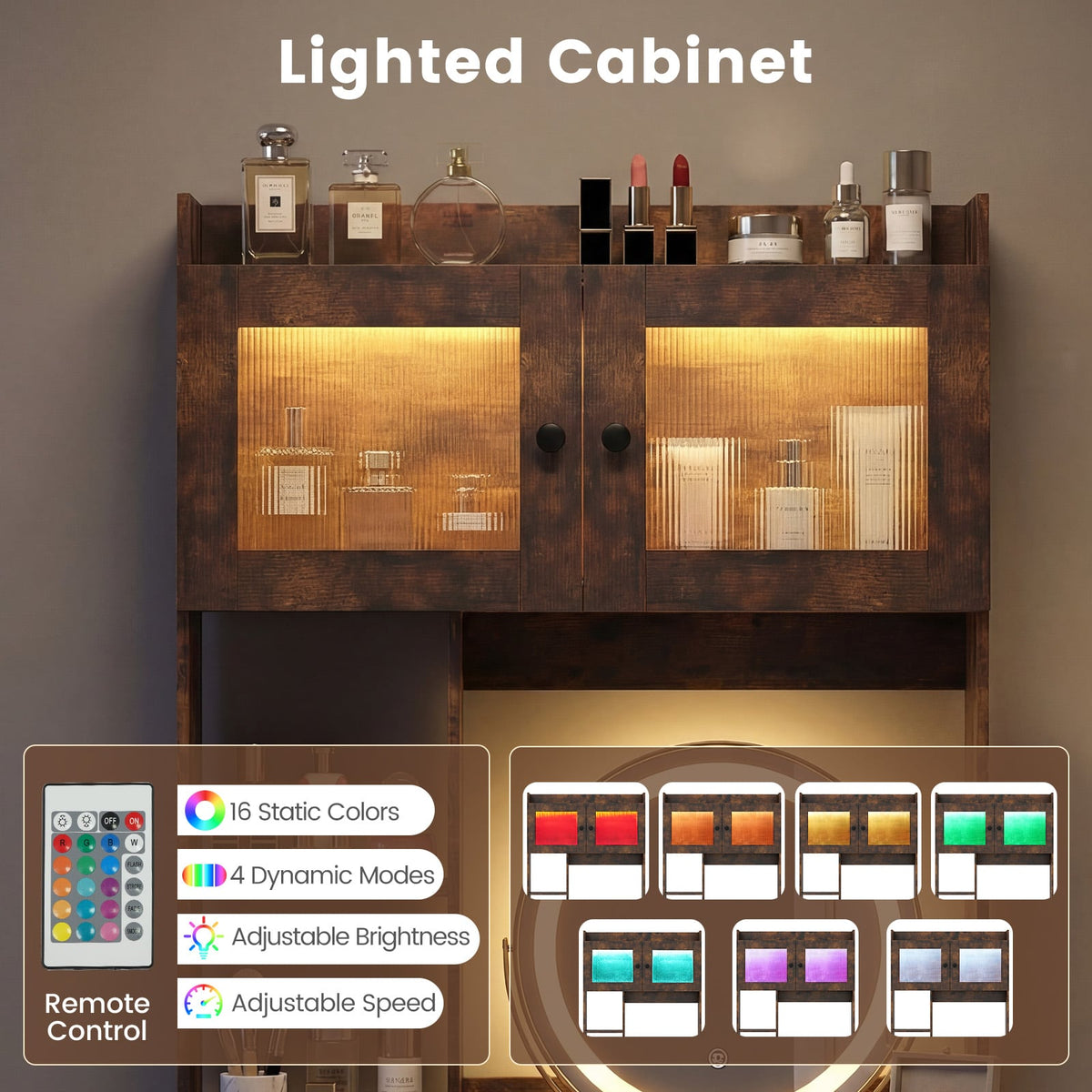 Vanity Desk with Rotatable Mirror and Lights Modern Dressing Table with 3 Light Colors-Brown-Makeup Vanities-DECOROLALA