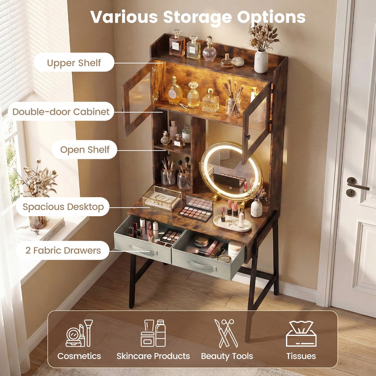 Vanity Desk with Rotatable Mirror and Lights Modern Dressing Table with 3 Light Colors-Brown-Makeup Vanities-DECOROLALA