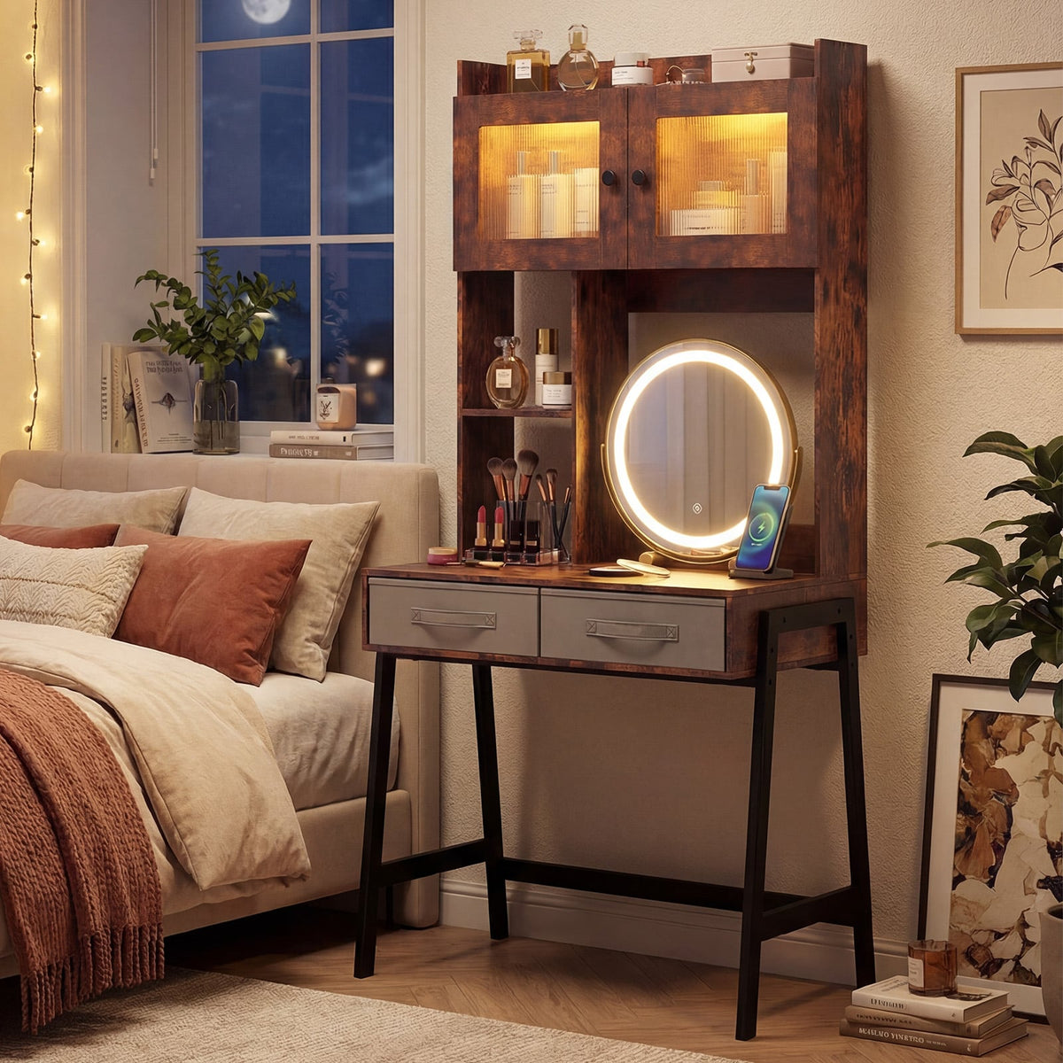 Vanity Desk with Rotatable Mirror and Lights Modern Dressing Table with 3 Light Colors-Brown-Makeup Vanities-DECOROLALA