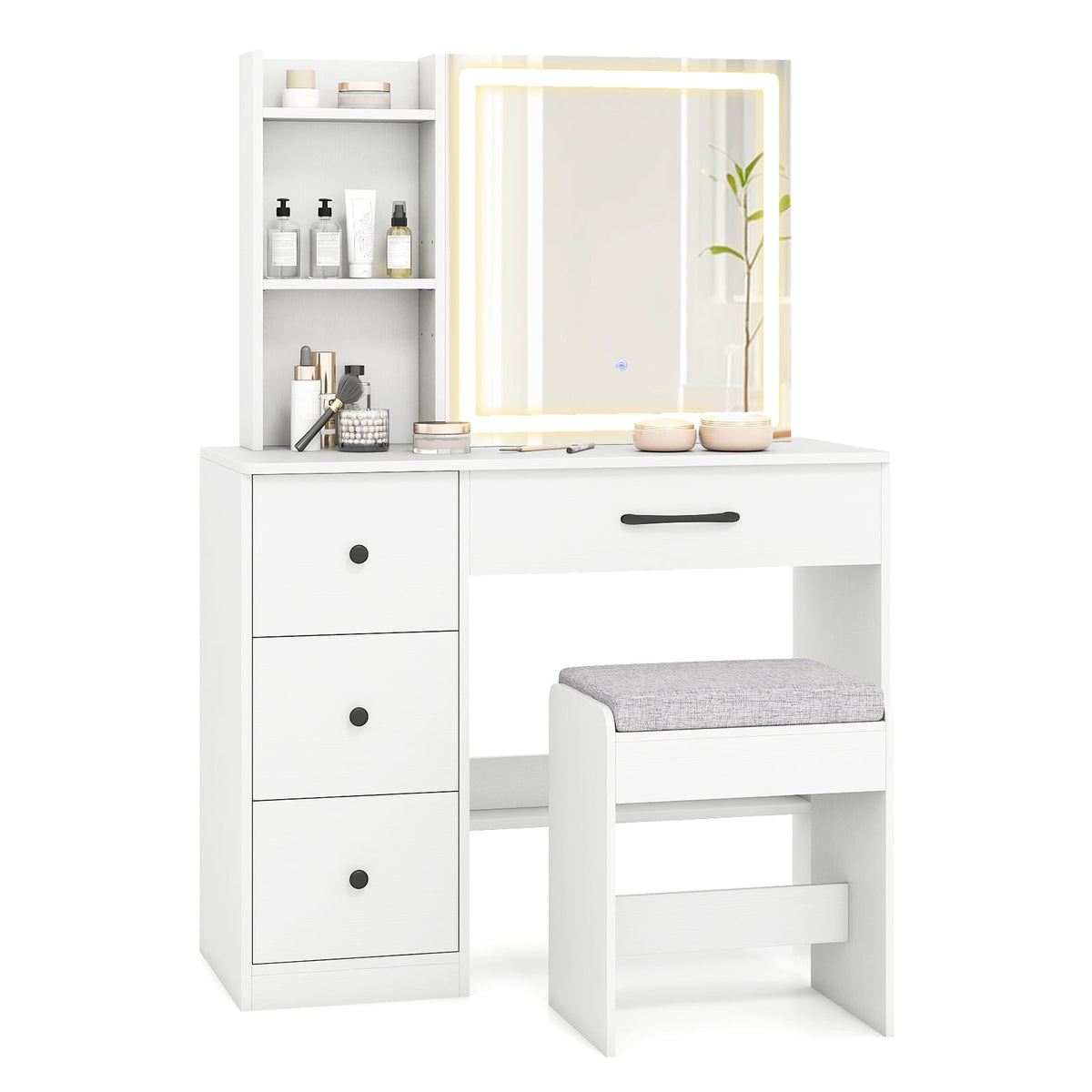 Vanity Desk with Sliding Mirror and Lights Makeup Table and Chair Set with 4 Drawers-White-Makeup Vanities-DECOROLALA