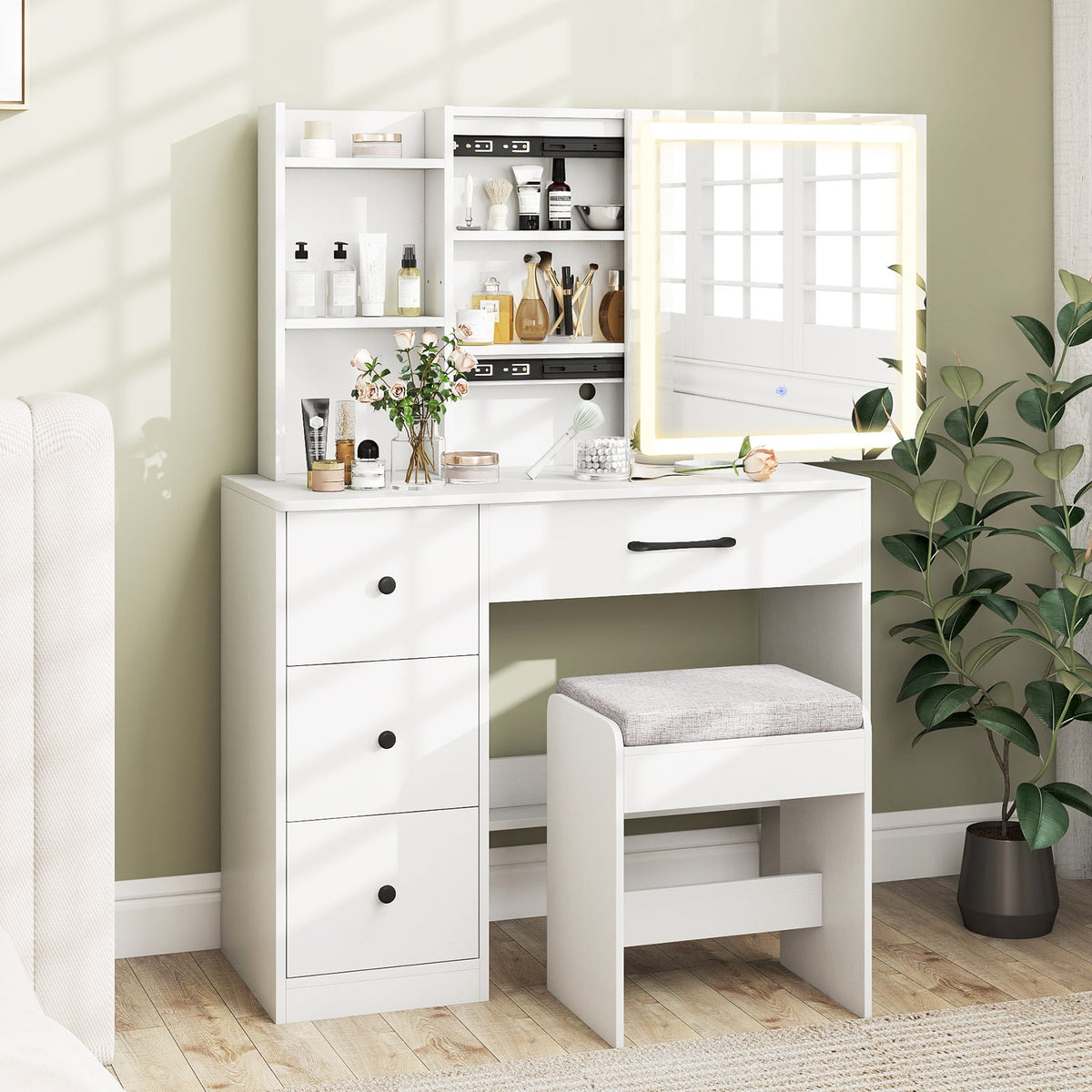 Vanity Desk with Sliding Mirror and Lights Makeup Table and Chair Set with 4 Drawers-White-Makeup Vanities-DECOROLALA
