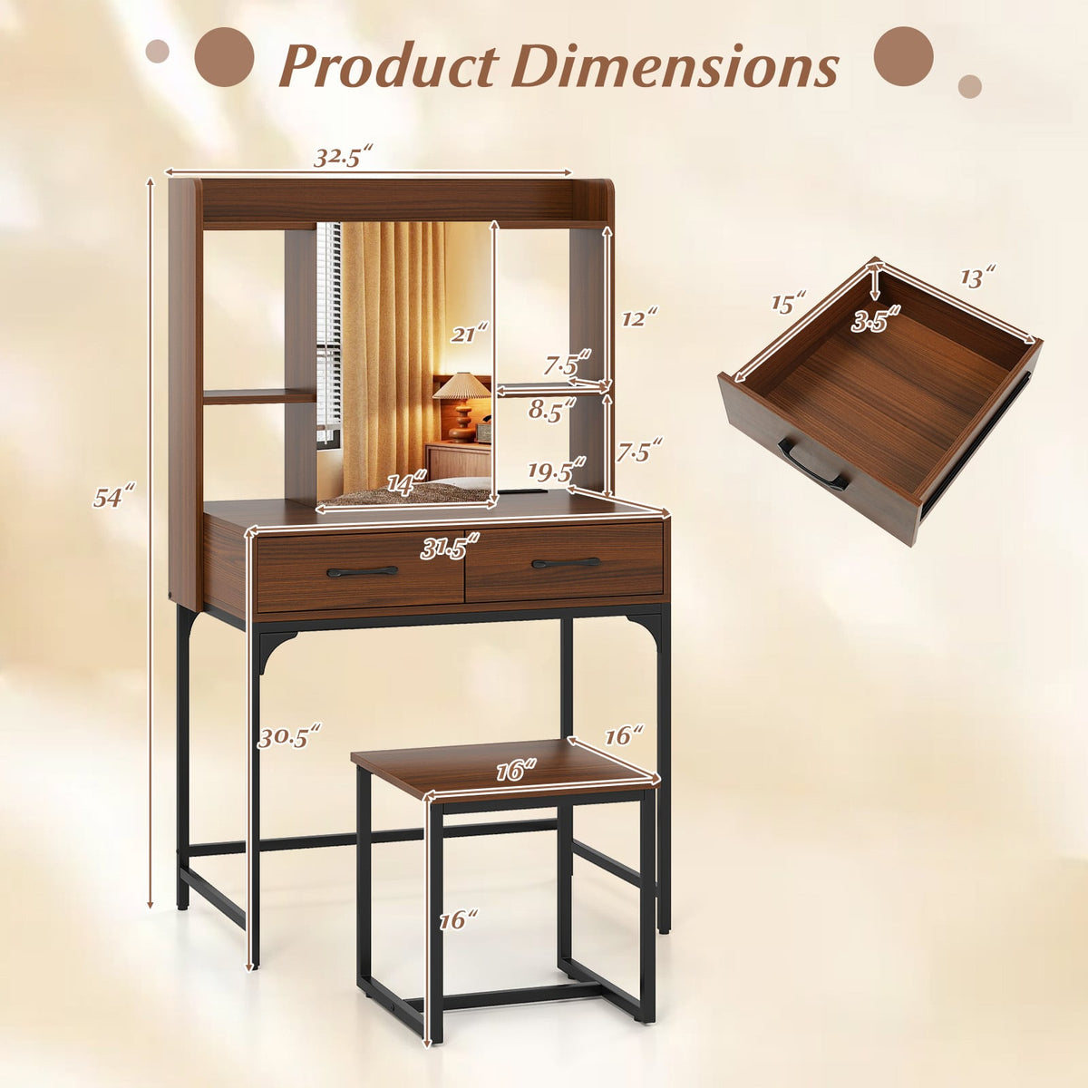 Vanity Desk with Storage Drawers and Charging Station-Walnut-Makeup Vanities-DECOROLALA