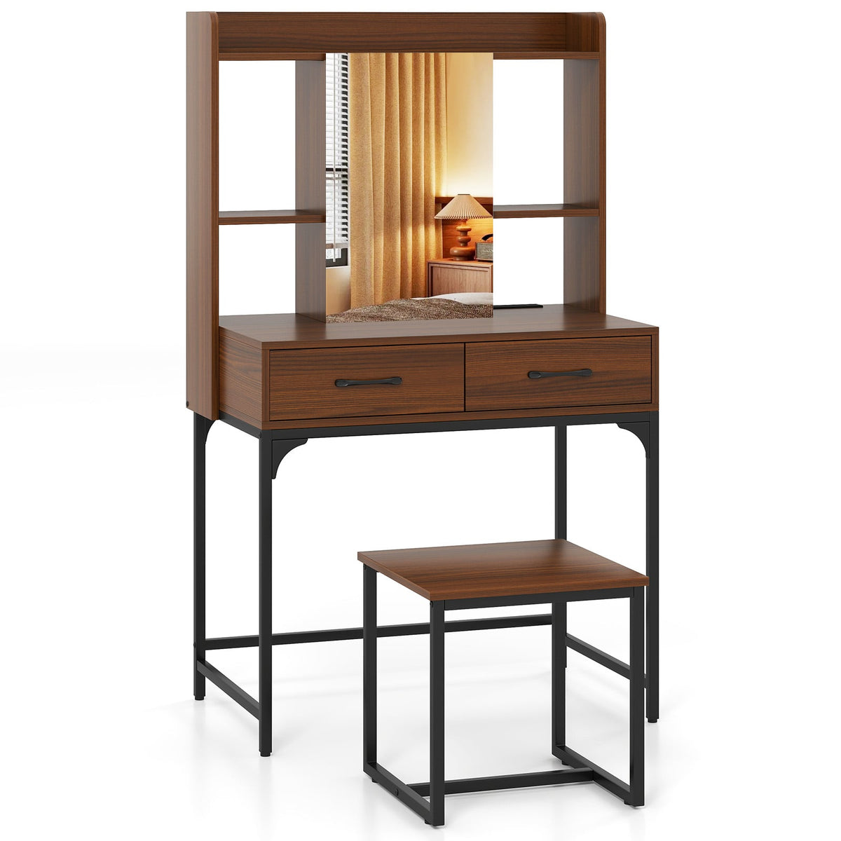 Vanity Desk with Storage Drawers and Charging Station-Walnut-Makeup Vanities-DECOROLALA
