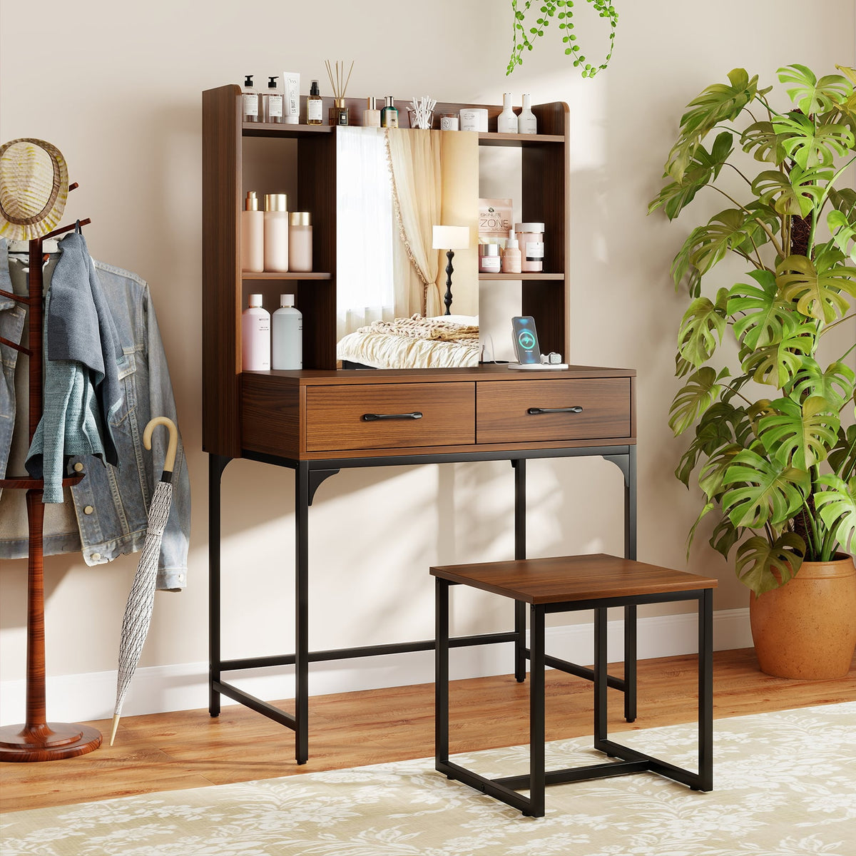 Vanity Desk with Storage Drawers and Charging Station-Walnut-Makeup Vanities-DECOROLALA