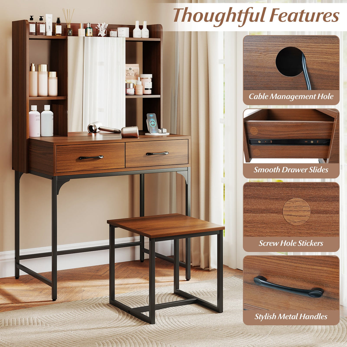 Vanity Desk with Storage Drawers and Charging Station-Walnut-Makeup Vanities-DECOROLALA