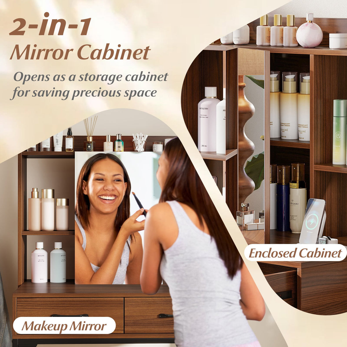Vanity Desk with Storage Drawers and Charging Station-Walnut-Makeup Vanities-DECOROLALA