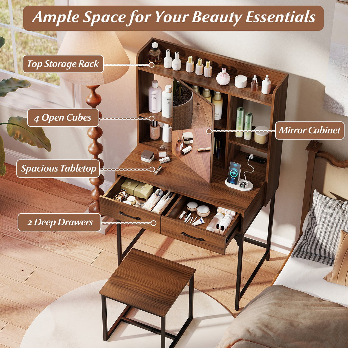 Vanity Desk with Storage Drawers and Charging Station-Walnut-Makeup Vanities-DECOROLALA