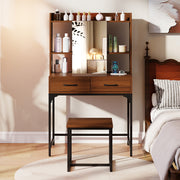 Vanity Desk with Storage Drawers and Charging Station-Walnut-Makeup Vanities-DECOROLALA