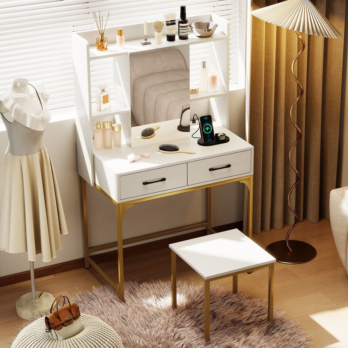 Vanity Desk with Storage Drawers and Charging Station-White-Makeup Vanities-DECOROLALA