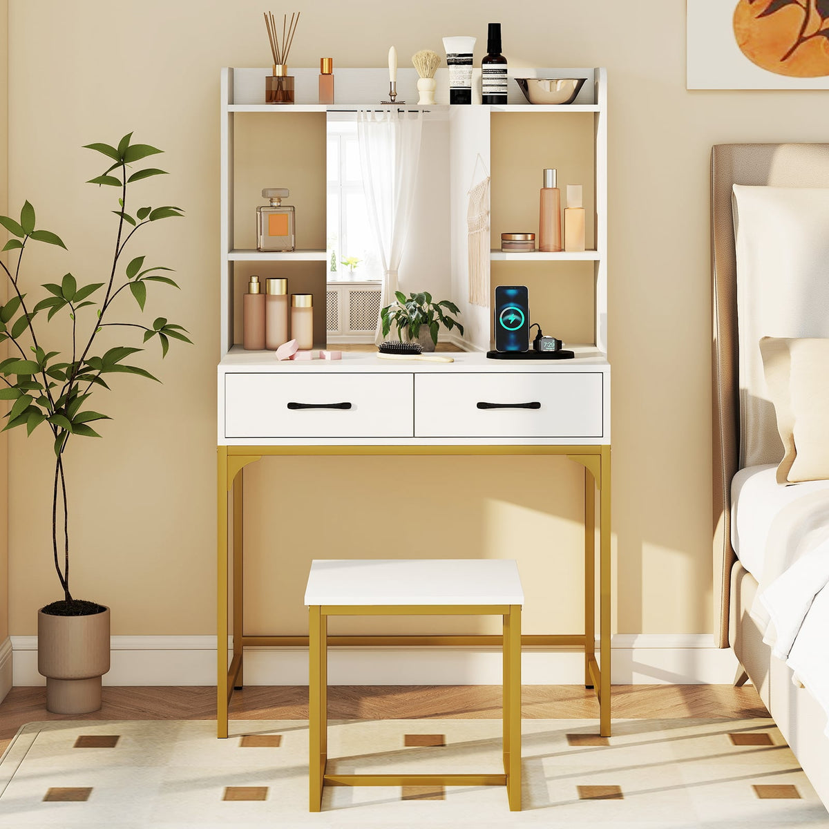 Vanity Desk with Storage Drawers and Charging Station-White-Makeup Vanities-DECOROLALA