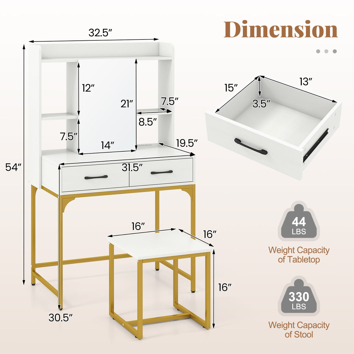 Vanity Desk with Storage Drawers and Charging Station-White-Makeup Vanities-DECOROLALA