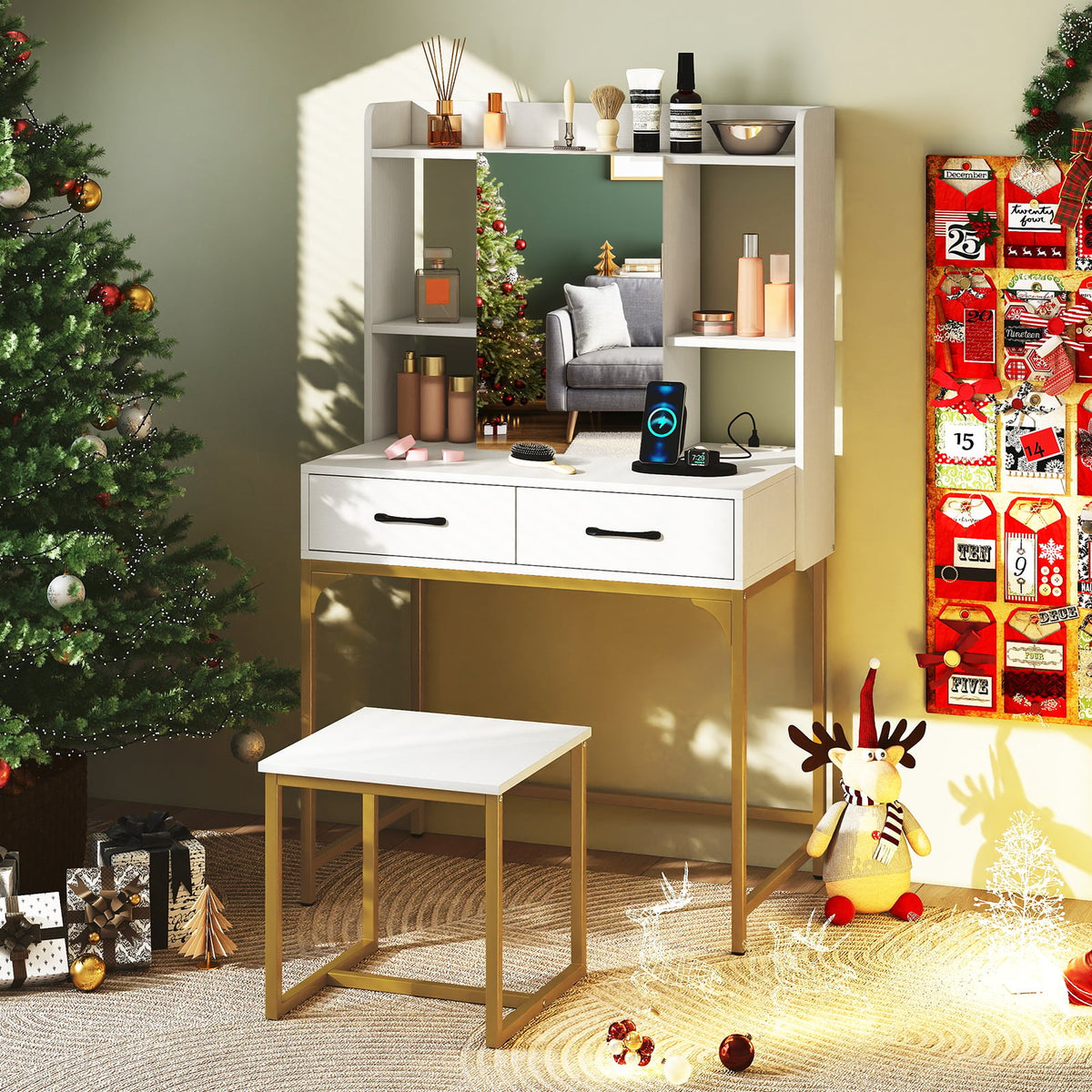 Vanity Desk with Storage Drawers and Charging Station-White-Makeup Vanities-DECOROLALA