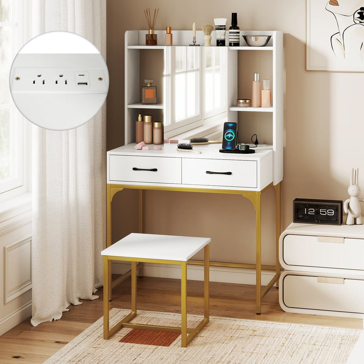 Vanity Desk with Storage Drawers and Charging Station-White-Makeup Vanities-DECOROLALA