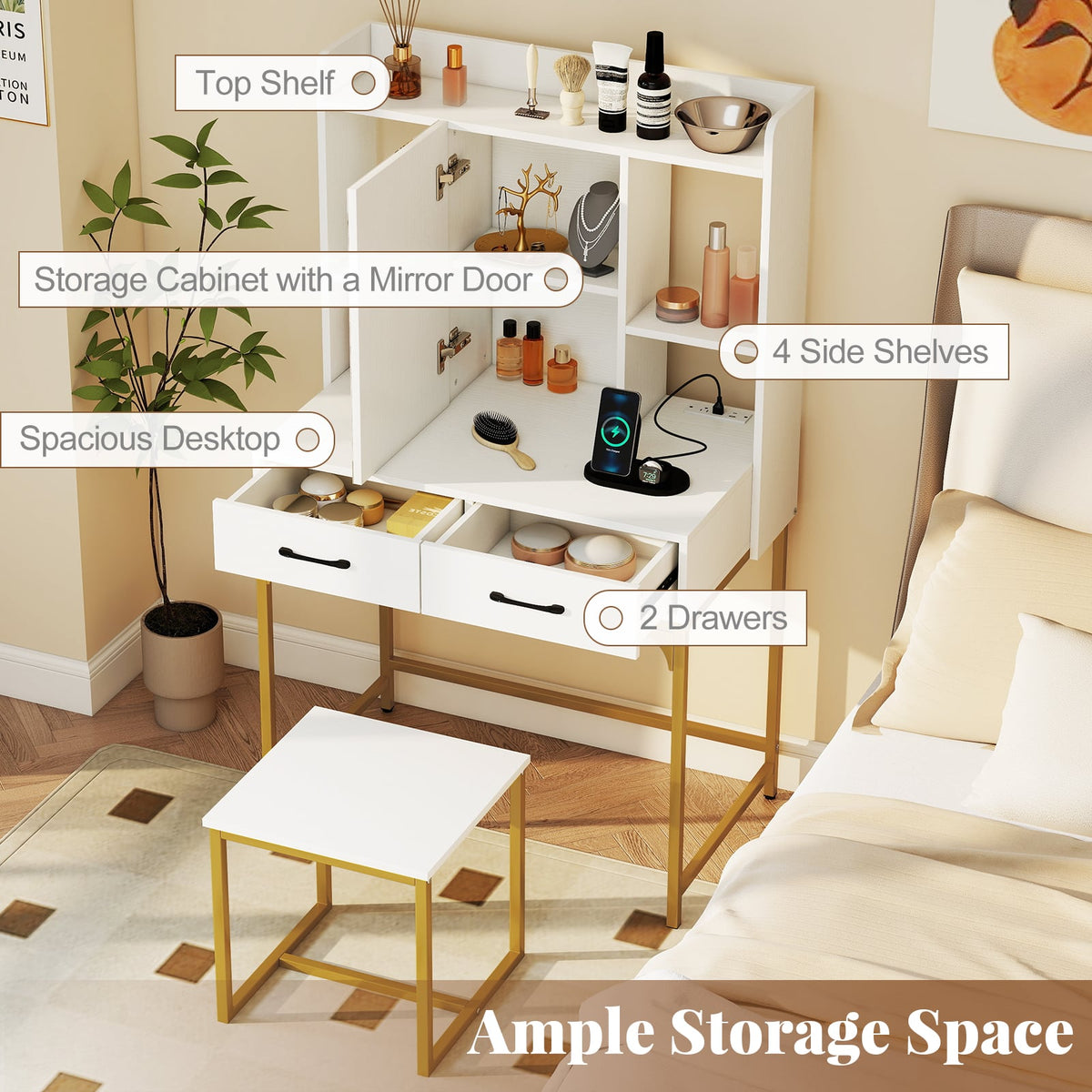 Vanity Desk with Storage Drawers and Charging Station-White-Makeup Vanities-DECOROLALA