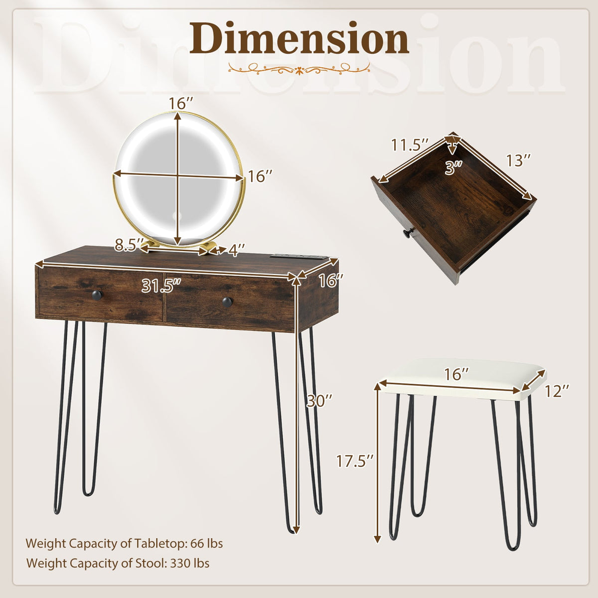Vanity Desk with with Lighted Adjustable Mirror for Bedroom-Rustic Brown-Makeup Vanities-DECOROLALA