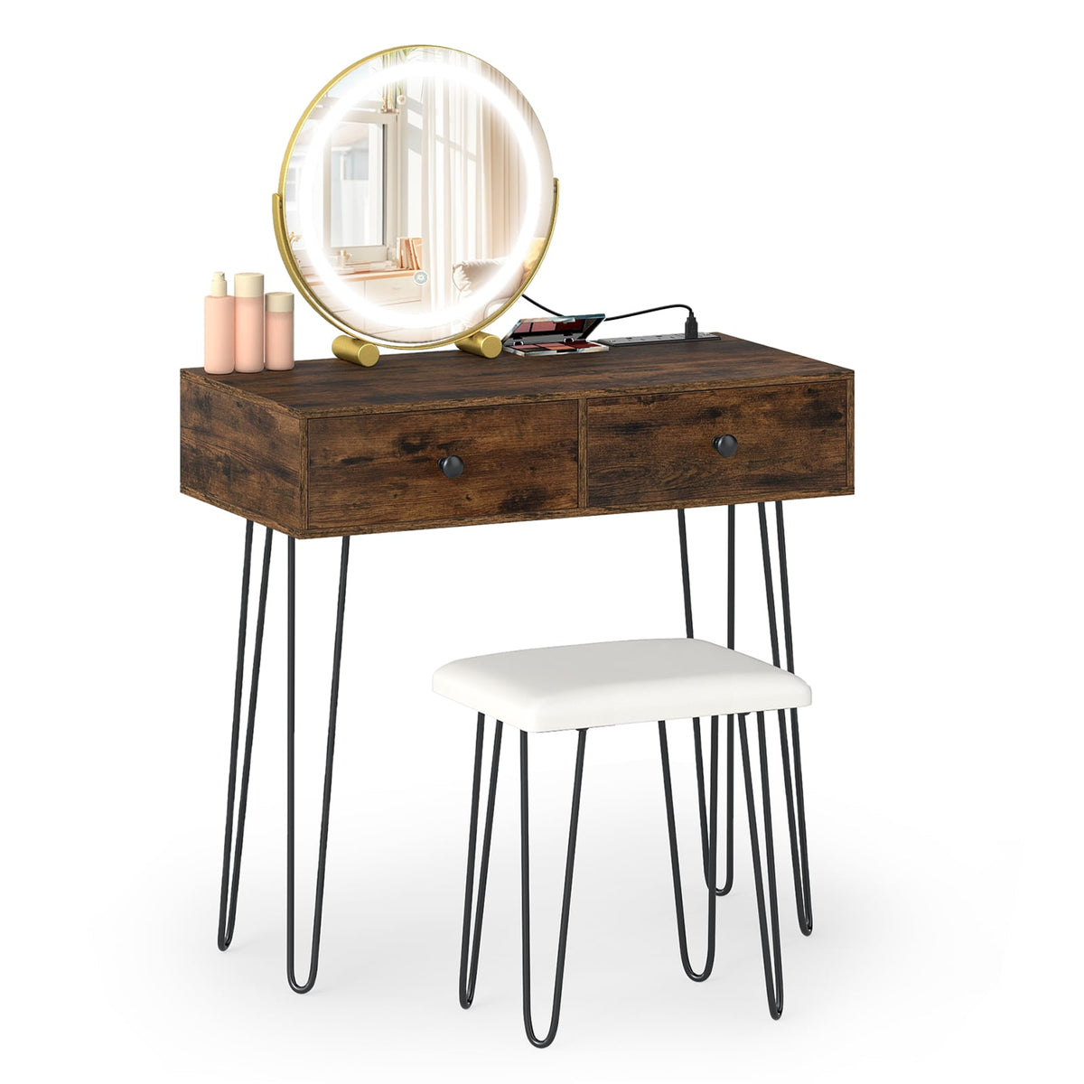 Vanity Desk with with Lighted Adjustable Mirror for Bedroom-Rustic Brown-Makeup Vanities-DECOROLALA